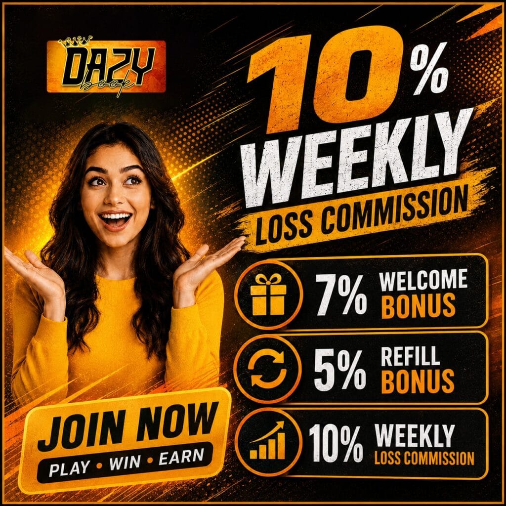 Promotional ad with a smiling woman on the left and bold orange text offering 10% weekly loss commission, 7% welcome bonus, 5% refill bonus, and 10% weekly loss commission, plus a 'Join Now' CTA.
