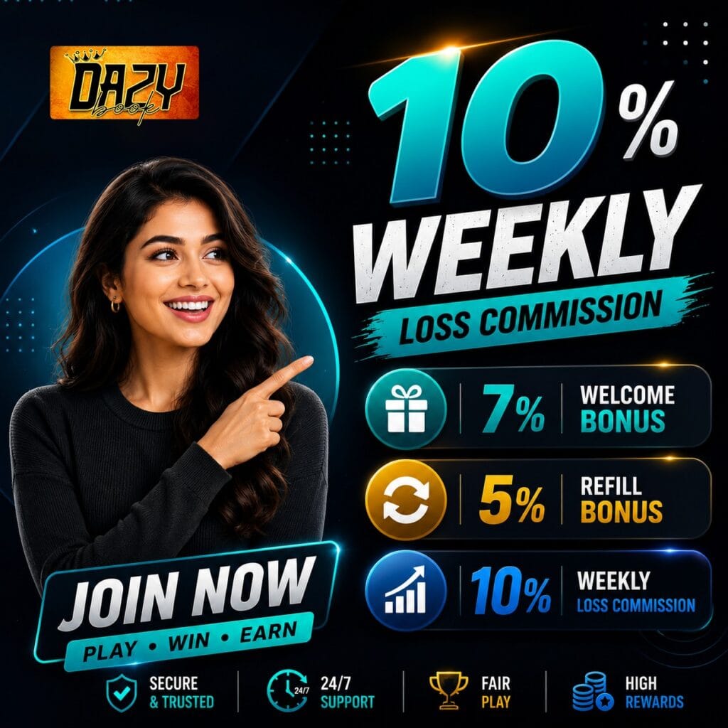 Smiling woman points to a bold promo saying '10% Weekly Loss Commission' with bonus details on a dark neon-style banner logoed 'DAZY' top-left.